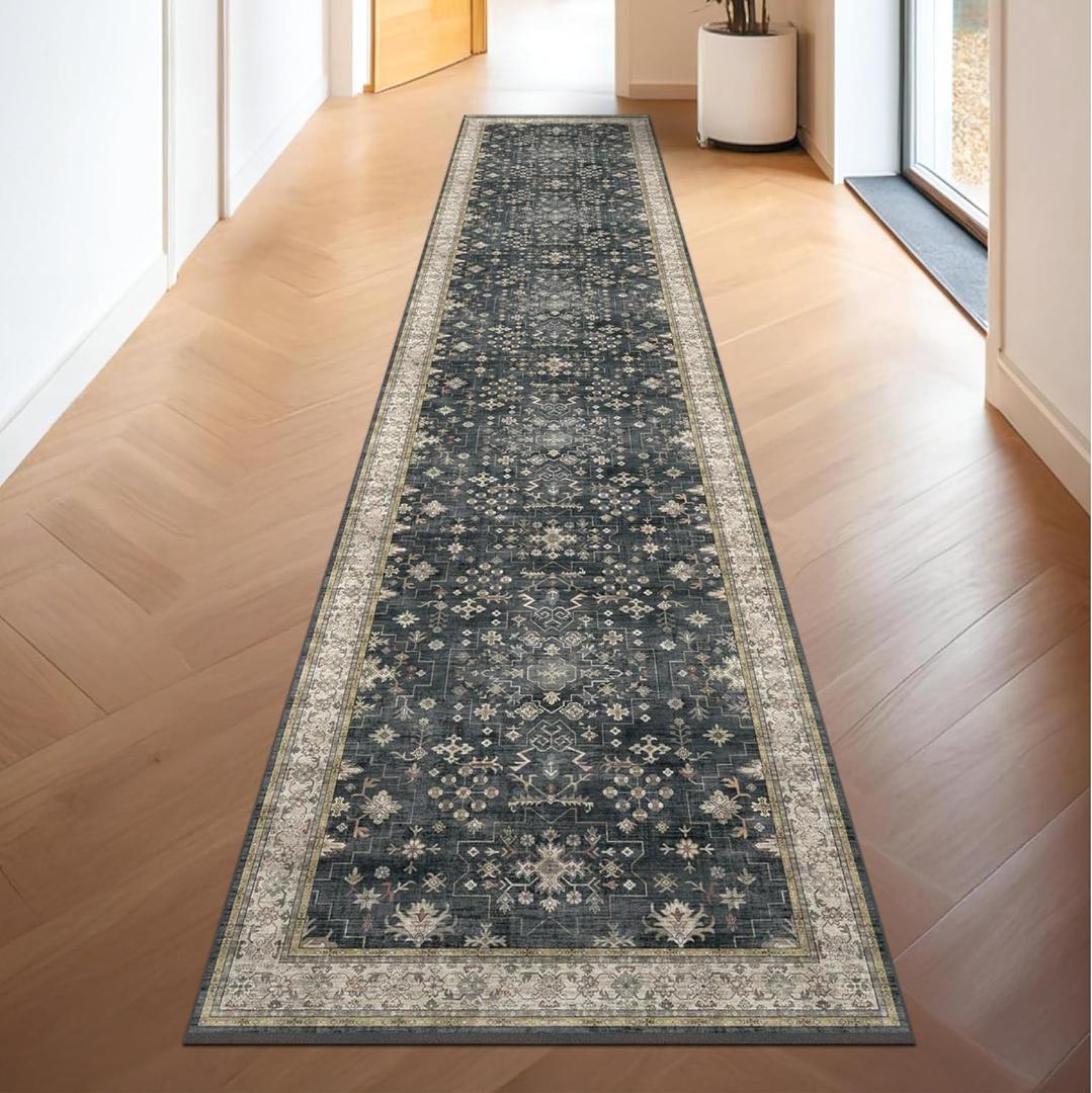 Black Boho Washable 2x10 Hallway Runner Rug - Extra Long Runners for Kitchen, Bathroom, Stair, Non-Slip Floor Carpet Rugs for Large Entryway Indoor, Vintage Multi Ashen Floral Decor