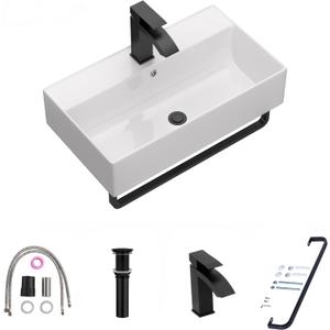Lordear Wall Mounted Bathroom Sink with Towel Rack - 21 x 12 Inch Modern White Wall Hung Sink for Small Bathrooms, Rectangular One Hole Porcelain Vanity Sinks