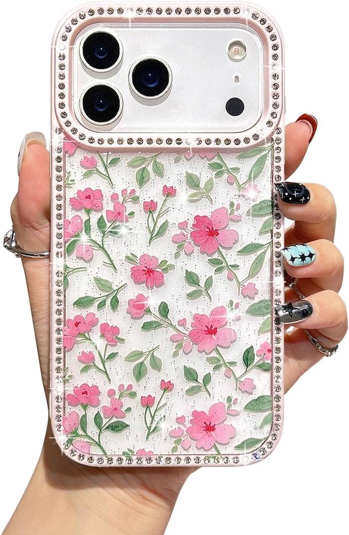 EYZUTAK Flower Case for iPhone 17 Pro Max, Bling Glitter Rhinestone Phone Case with Luxury Sparkly Diamond Edge Shiny Glossy Floral Anti-Scratch Clear TPU Shockproof Bumper Cover for Women-Pink