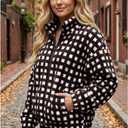 Womens Checkered Sherpa Jacket Cropped Long Sleeve Plaid Fleece Coats Casual Zip Up Gingham Outwear with Pockets, XL