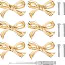 6pcs Bow Shape Cabinets Knobs, Gold Bow Furniture Door Pulls with Screwdriver Brass Vintage Drawer Knobs Decorative Dresser Handle for Home Kitchen Cupboard Wardrobe Hardware