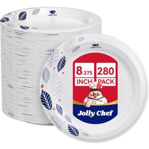 JOLLY CHEF 280 Count Paper Plates 8 inch Soak Proof, Cut Proof, Heavy Duty Leaf Printed Disposable Paper Plates for Everyday Use