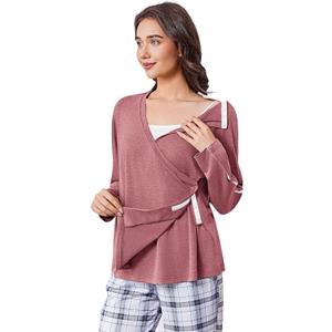 Deyeek Women's Post Shoulder Surgery Shirts Long Sleeve V-Neck Wrap Chemo Blouse Easy Access Adaptive Snap On Dialysis Shirts (Medium, Coral Red)