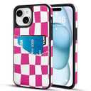 SOKAD Checkered Wallet Case for iPhone 15 with Card Holder, Cute Checkerboard Design for Women Girls, Slim Soft Leather 2 Card Slots Protective Shockproof Phone Case, Hot Pink