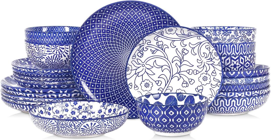 Selamica Ceramic Plates and Bowls Sets,24 Pieces Dinnerware Sets for 6,Scratch Resistant Dish Set for Holiday Gathering, Dishwasher & Microwave Safe, Vintage Blue