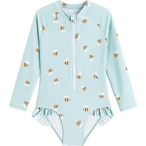 LIZENS Girls' One-Piece Swimwear Rash Guard Swimsuit Zipper Bathing Suits Long Sleeve Ruffle Girl Full Cover Flower Print (3-4T)