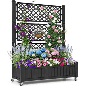 YITAHOME 42.5x14.2x61 in Planter Box with Trellis/Outdoor Privacy Screen, All-Weather Raised Garden Bed with Wheels & Drain Plug for Climbing Plants Flowers Herbs, Black