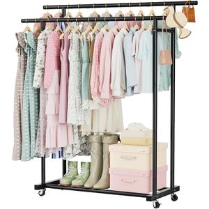 Abiglifty Double Rods Clothes Rack for Hanging Clothes, Clothing Rack with Wheels, Portable Closet Organizer for Laundry, Room (Black)