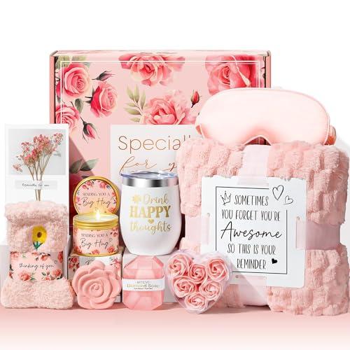 Mothers Day Birthday Gifts for Women Self Care Gift, Rose Spa Gift Baskets Bath Set Get Well Soon Care Package Easter Gifts for Women Mom Her Sister Friend Wife Grandma Teacher Nurse w/ Blanket