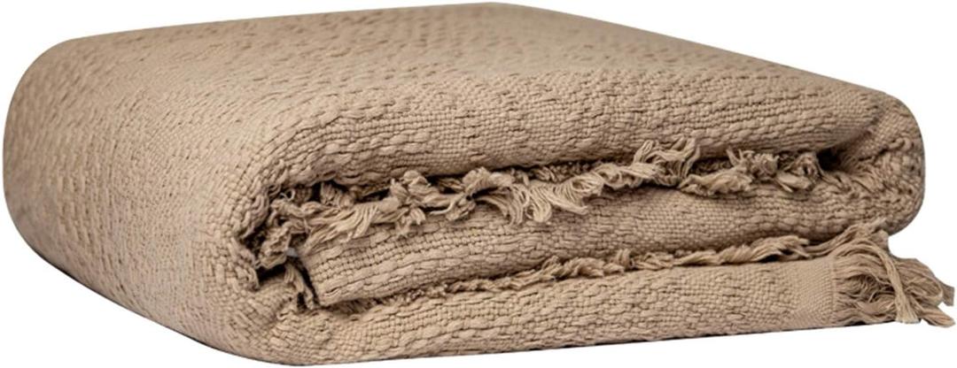 100% Cotton Throw Blanket in Light Brown Jacqard Weave Fabric with Fringe Soft All Season Cover for Bed Couch and Living Room Sofa, Chair 50x60 Inches