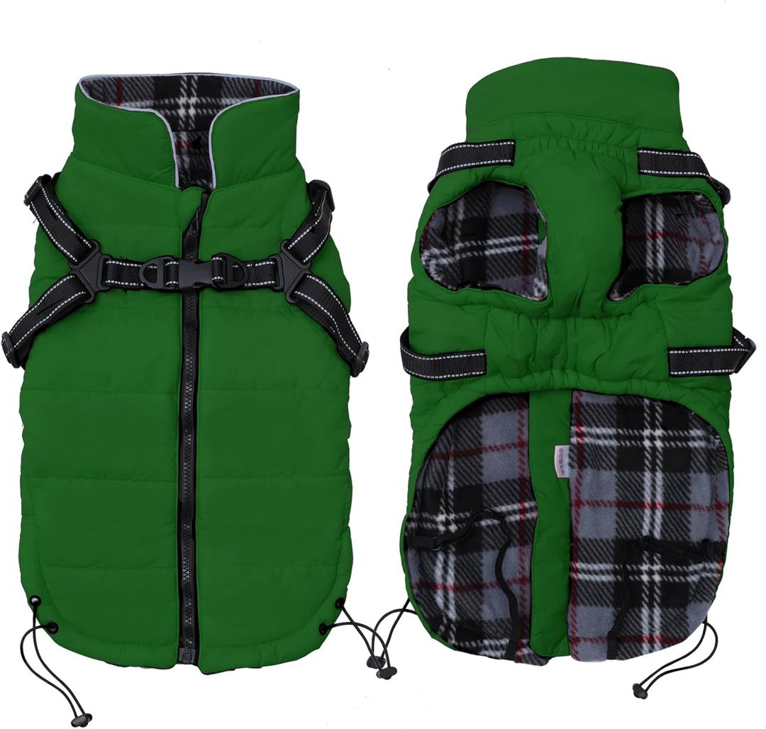 Geyecete Winter Warm Coat Waterproof Dog Winter Jacket with Harness Traction Belt,Pet Outdoor Jacket Dog Autumn and Winter Clothes for Dog-Green-M