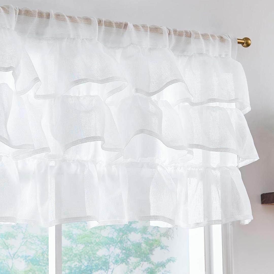 jinchan Ruffled Valance Curtain Sheer Linen Slubbed Crossed Kitchen Valance Shabbychic Farmhouse Cottagecore for Living Room Small Window Light Filtering Half Window Curtain 18 Inch 1 Panel White