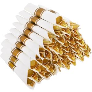 50Guests Pre Rolled Gold Plastic Silverware Sets - Heavy Duty Gold Cutlery - Include 50 Pack Wrapped Disposable Utensils with Napkins for Parties, Dinners & Weddings