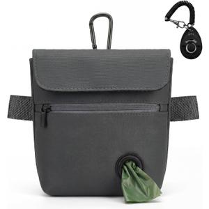 Dog Treat Pouch and Dog Training Clicker, Treat Bag with Poop Bag Dispenser, Powerful Magnetic Clasp, Metal Clip Waist Belt Fanny Pack for Pet Walk Dog Training (Dark Grey)