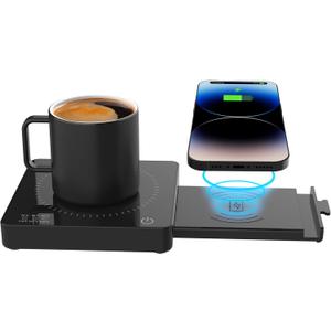Coffee Mug Warmer with 15W Wireless Phone Charger & 3A USB Charging Port, 3 Temp Settings & 8H Auto Shut Off, Candle Warmer Plate for Heating Coffee, Milk, Tea & Candles,Valentine's Day Gift(Black)