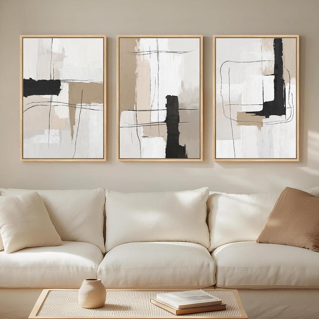 Framed Neutral Abstract Wall Art Set of 3, Modern Black and White Beige Canvas Prints Paintings Artwork for Walls, Minimalist Pictures for Bedroom, Living Room, Dining Room Wall Decor 16x24 In