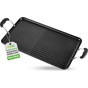 NutriChef 24" Stove Top Griddle Pan, Nonstick Double Burner Grill & Griddle Combo, Ridged & Flat Surfaces, Suitable for Frying & Searing, Cool-Touch Handles, Easy to Clean, Black