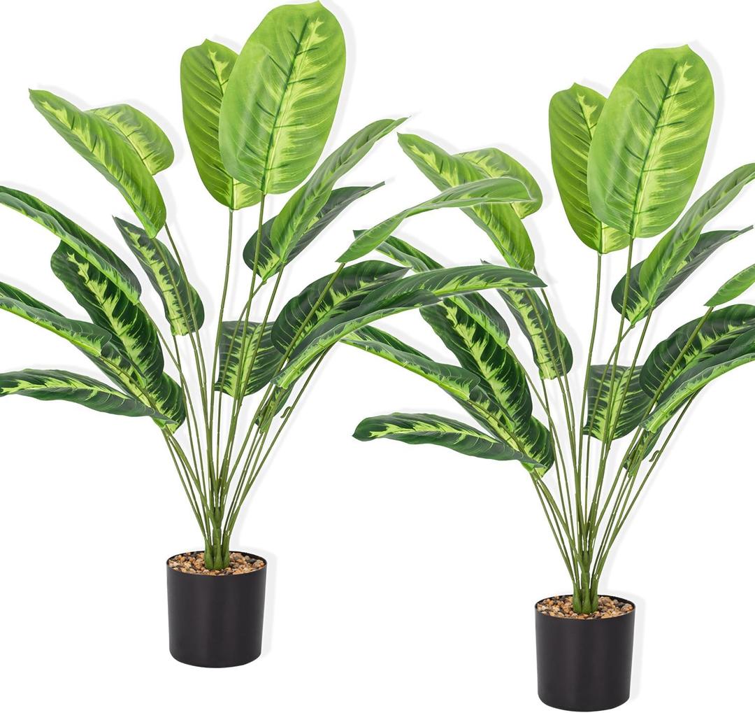 Artificial Plants Fake Banana Tree with Green Leaves 32" Bird of Paradise Plantas Artificiales Decorativas Faux Tropical Plants Greenery Family Garden Office Indoor Outside Decor 2Pcs (Yellow)