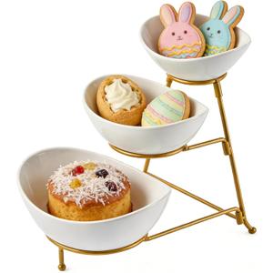 LYEOBOH 3 Tier Serving Bowls Set Tiered Serving Stand, Porcelain Oval Bowls with Collapsible Metal Stand for Entertaining, Party, Dessert Display, Candy, Chip and Dip (Gold)-45oz / 17.5oz / 7oz