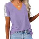 Eachyes Womens Lace Short Sleeve T Shirts Summer Casual V Neck Tops Loose Fit Tees Blouses, Light Purple, Small