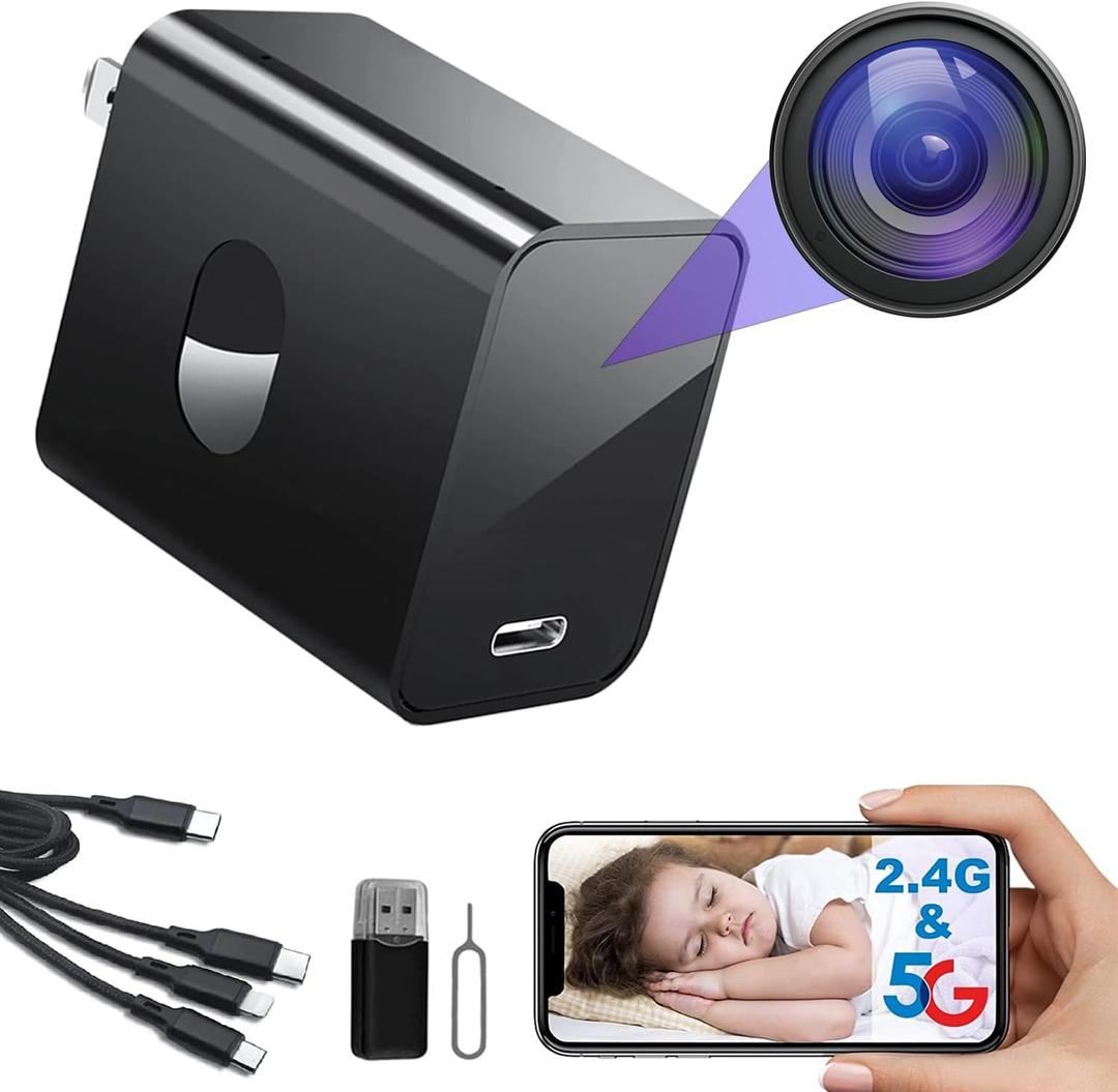 4K Nanny Cam Hidden Camera Supports 2.4G&5GHz WiFi, Hidden Camera Charger, Small Nanny Cam with Human Detection, Night Vision, 160Wide View-Angle, Type C Nanny Camera for Home