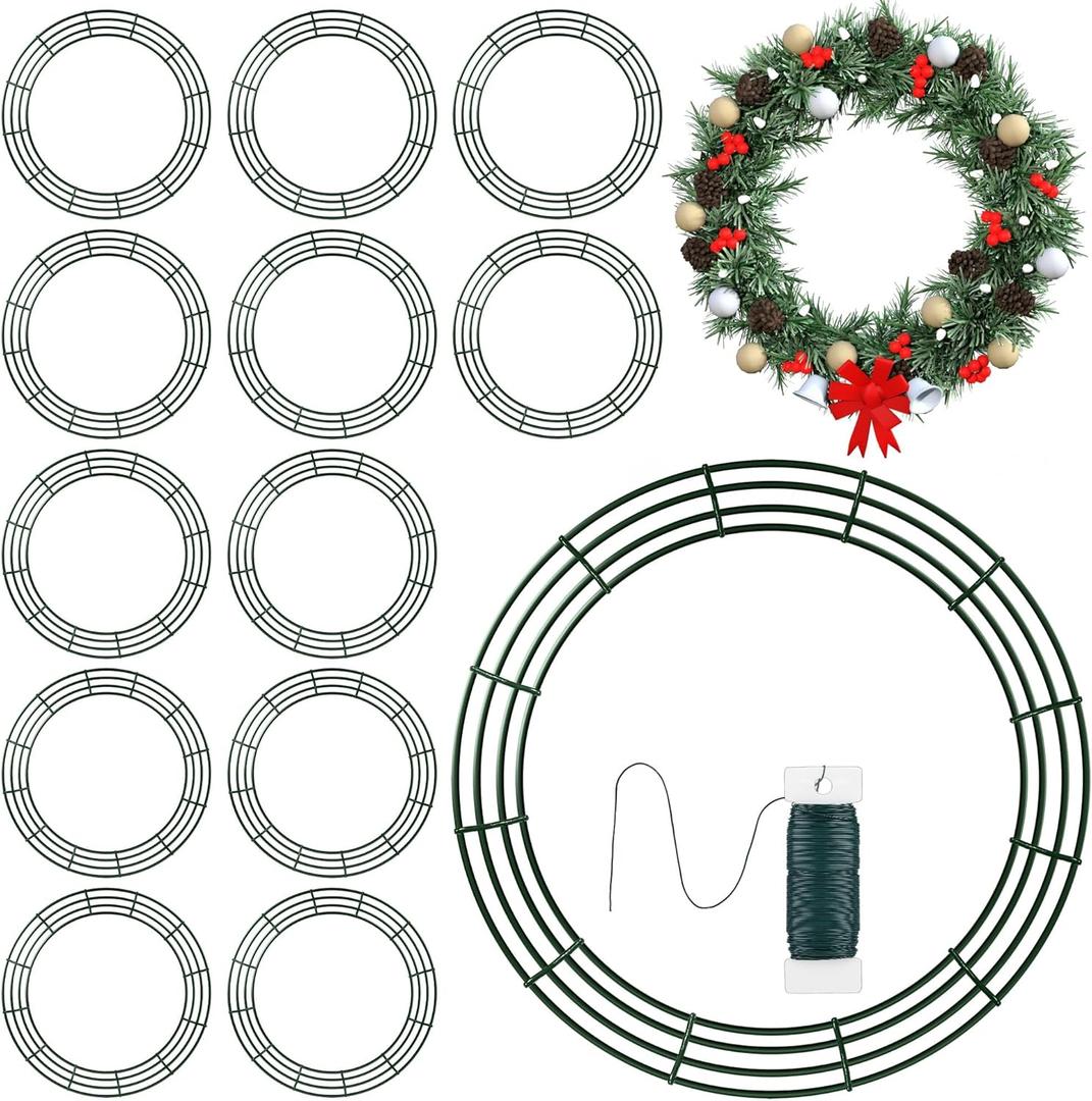 Fovths 12 Pieces Metal Christmas Wire Wreath Frame 24 Inch Green Wreath Ring with Floral Wire Form Front Door Garland Frame for Christmas Wedding Home DIY Crafts Supplies