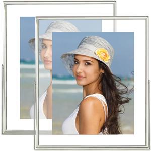 8x10 Floating Picture Frames Set of 2, Made of Metal and Double Real Glass, for Photo Size up to 10x12, Tabletop Display Home or Wedding Decoration (Vertical Silver)