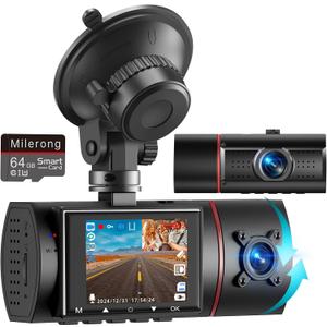 Dual Dash Cam Front and Inside with 64GB Card,Milerong X25 1080P Dash Camera for Cars with Infrared Night Vision,Loop Recording,G-Sensor,24H Park Monitor,Inside Car Camera for Uber/Lyft/Taxi Driver