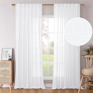 BGment White Linen Curtains 90 Inch Length 2 Panels Set, Rod Pocket Light Filtering Window Drapes Privacy for Living Room Dining Bedroom Decor Semi Sheer Back Tab, 52 Inch Wide Each Panel