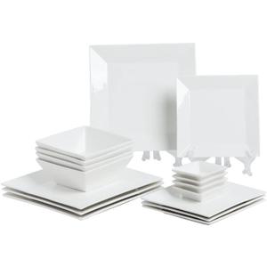 Porlien 16-Piece Classic Square Dinnerware Set for 4-Square Dinner Plates, Dessert Plates, Bowls & Dipping Saucers, Off White Dishes for 4