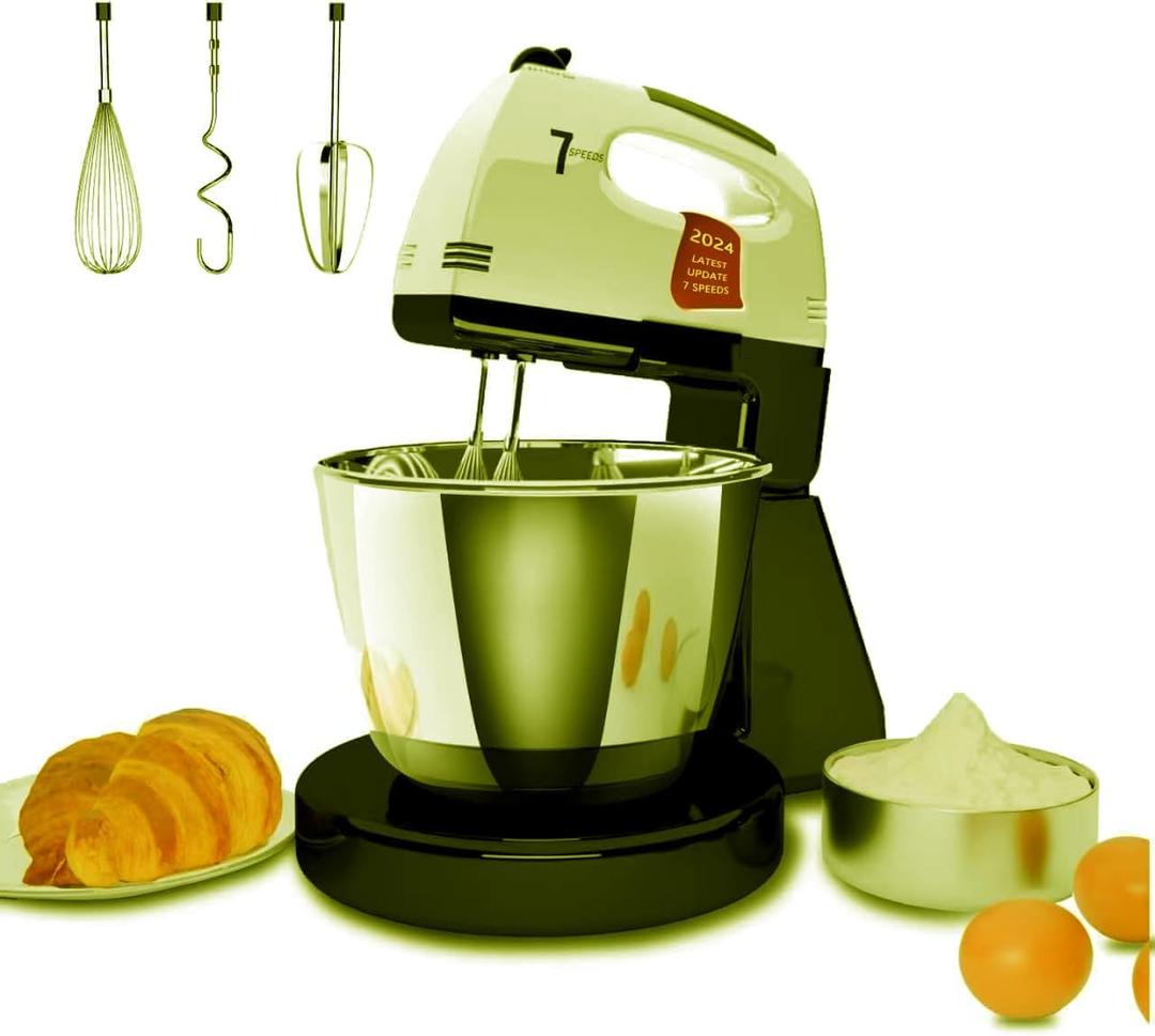Stand Mixers, 7 Speeds With 3QT Stainless Steel Bowl, Stand and Hand Mixer with Dough Hook, Whisk, Mixing Beater for Baking, Cake, Cookie, Kneading (GU2)