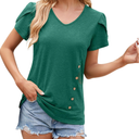 Vislily Womens Summer Tops Casual V Neck T Shirts Trendy Petal Short Sleeve Button Decor Tunics Blouses Tee Tunics 1XL