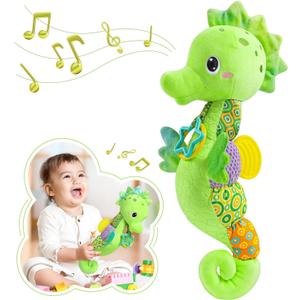 Awotoy Baby Toys 0 to 12 Months, Musical Stuffed Animal Activity Soft Toys with Multi-Sensory Crinkle, Rattle and Textures, Infant Tummy Time Toys for Newborn Boys Girls, Seahorse, Green