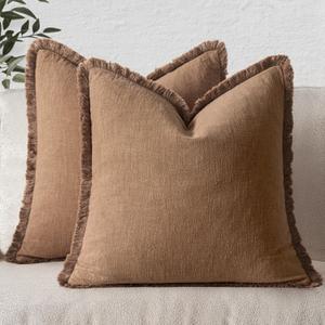MIULEE Decorative Throw Pillow Covers Neutral Linen Fringe Throw Pillows Set of 2 Brown Boho Farmhouse Cushion Covers with Tassels for Couch Sofa Bed Living Room Spring Home Decor 18x18 Inch (18" x 18" (Pack of 2))