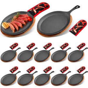 Lallisa 12 Sets Cast Iron Fajita Plate Set Fajita Plate Pan with Wooden Tray Anti Scald Protection Hot Mitt Cast Iron Skillet Set for Home Barbecue Kitchen Party Restaurant Catering Service