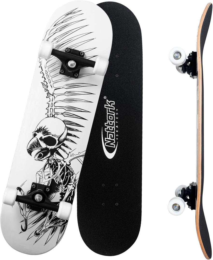 Nattork 31 Inch Complete Skateboard, Standard Skateboards for Beginners, Wood 9 Layer Canadian Maple Trick Skate Boards for Boys Girls Youth Teens Adults (Skeleton Wing)