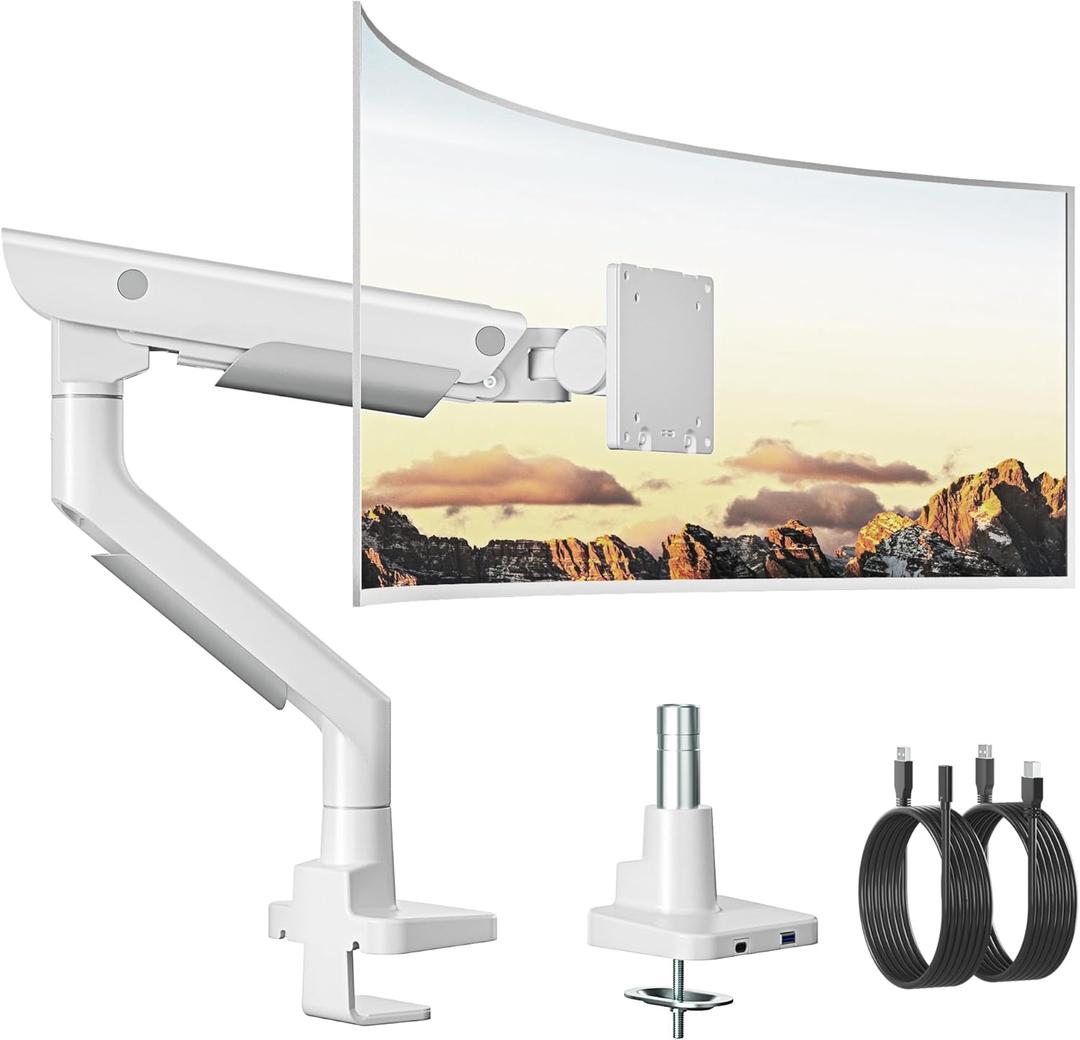 monTEK Sleek Aluminum Monitor Arm for 1757 Ultrawide Screens up to 59.4 lbs, USB 3.0 A/C, Heavy Duty Single Monitor Arm Desk Mount, Pneumatic Lift, Quick-Release Plate, Clamp/Grommet, VESA 100x100 (White)