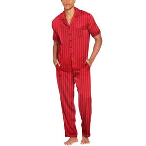 Ekouaer Men Satin Silk Pajamas  Piece Button Down Sleepwear Long Pants Loungewear with Pockets Red Thin Stripe X-Large