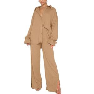 LYANER Women's 1 Piece Outfits Button Down Long Sleeve Leg Pants Set Khaki, X-Large