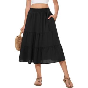 Women's Midi Skirt Tiered Flowy High Waist A-Line Elastic Ruffle Casual Skirt with Pockets Lightweight Breathable