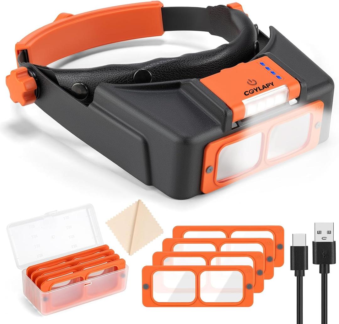 Headband Magnifier with Light, Rechargeable Magnifying Glasses for Close Work, 1.5X - 3.5X Magnify Headset with 4 Lenses, Jewelers Magnifying Glass Loupe Visor for Reading,Crafts, Hobby (Orange)