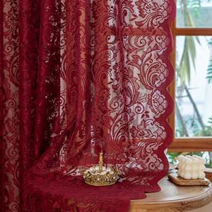ALIGOGO Burgundy Sheer Curtains 63 Inch Length 2 Panels, Victorian Floral Red Lace Curtains for Bedroom, Embroidered Privacy Rod Pocket Scalloped Burgundy Home Décor, 52W x 63L Inch, Dark Red