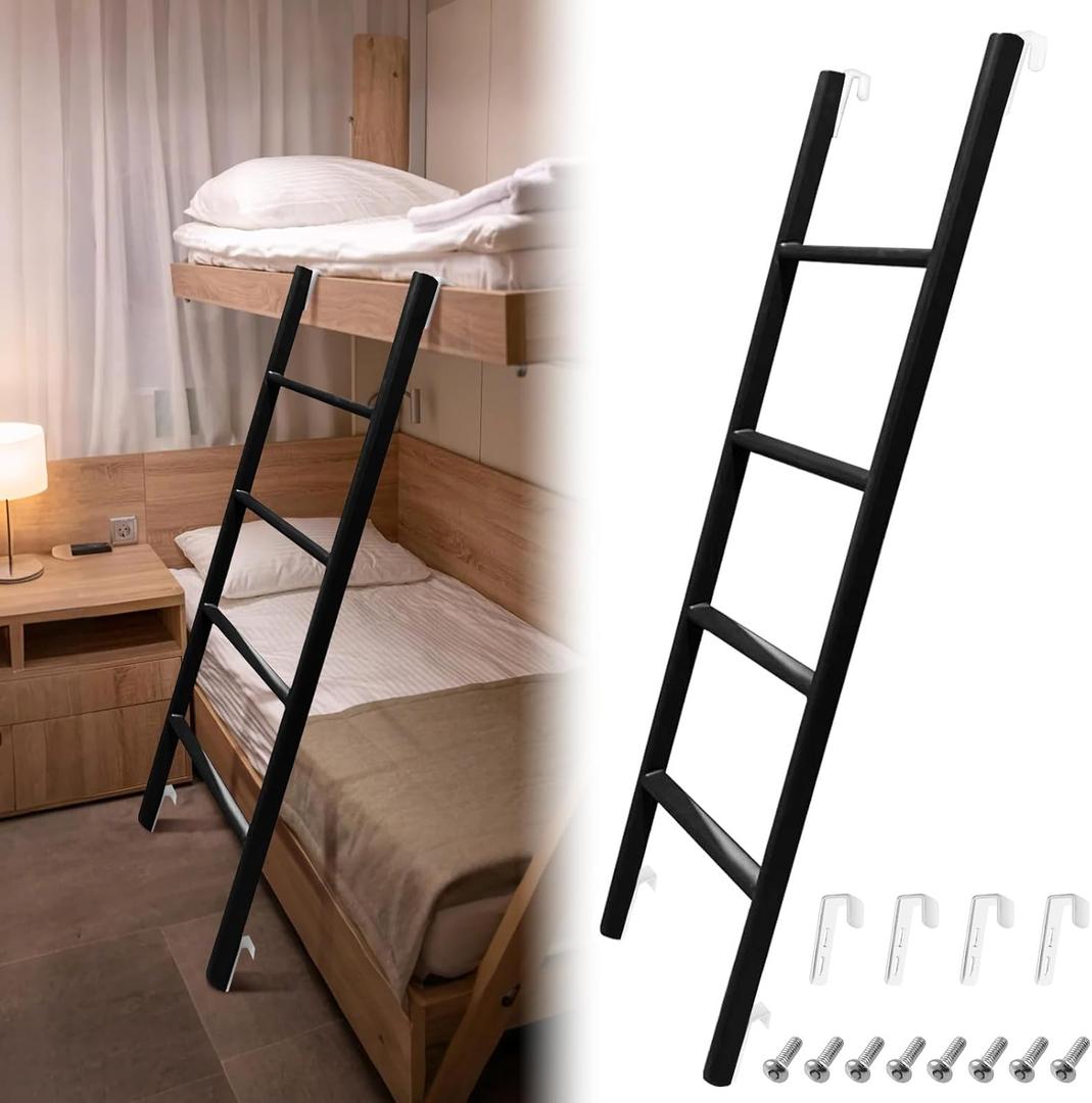 RV Bunk Bed Ladder, 55" Interior Adjustable Travel Trailer Twin Bed Step Ladders with 4 Hooks and Foot Caps, Heavy Duty Metal Dorm loft Camper Ladders, Portable Stairs Steps, Load 330 LBS