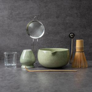 YIBO Matcha Whisk Set With Bowl, Ceramic Matcha Making Kit Includes Bamboo Whisk (Chasen), Holder Stand, Powder Starter Sifter, Scoop, Measuring Spoon & Cup Tea Tools For Ceremony (Mottled Green)