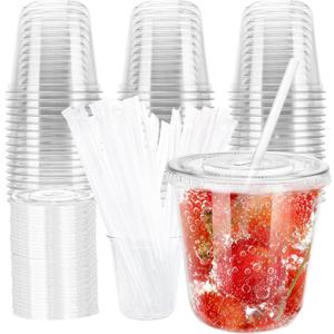 12oz Disposable Stemless Glasses with Flat Lids and Straws,PET Disposable Drinking Cups,Clear Plastic Glasses for Parties Birthday,Wedding,Meeting,Christmas Party Supplies. (50, Transparent)