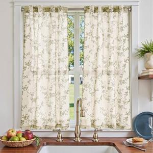 jinchan Floral Kitchen Curtains 54 Inch Linen Tier Curtains Farmhouse Cafe Half Window Drapes for Small Windows Light Filtering Sage Green on Beige for Living Room Bathroom Back Tab 2 Panels
