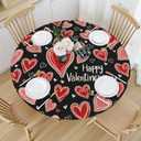 Valentines Day Round Tablecloth Fitted Best for 40"-44" Black Red Heart Table Cloth Vintage Elastic Edge Water-Resistant Washable Love Decoration Table Cover for Party Picnic Indoor Decor