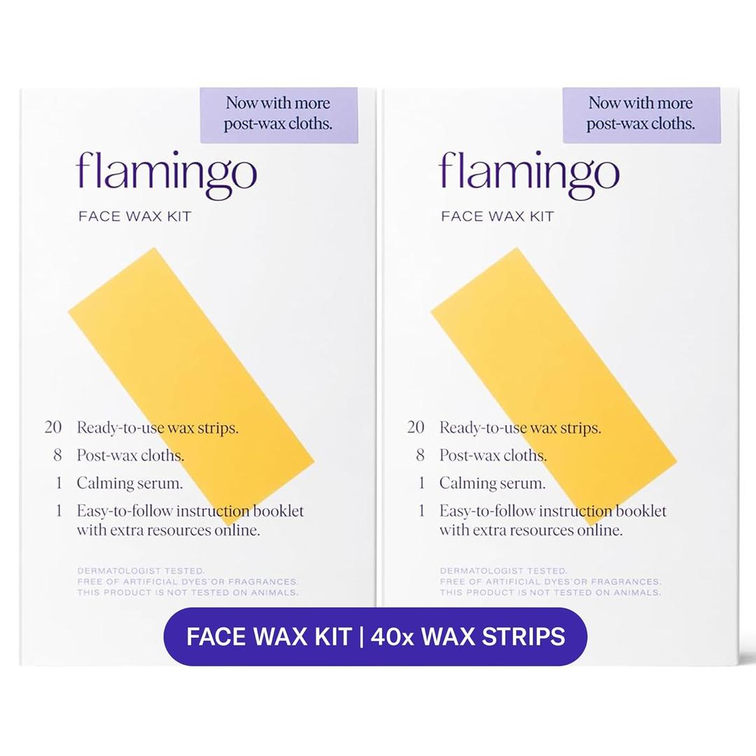 Flamingo Women Face Waxing Kit, Facial Waxing Kit with 20 Wax Strips for Face, 8 Post-Wax Cloths, and 1 Post-Wax Serum, Pack of 2