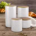 American Atelier Embossed Canister Set 4-Piece Ceramic Set Jar Container with Wooden Lids for Cookies, Candy, Coffee, Flour, Sugar, Rice, Pasta, Cereal & More White