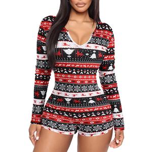 RUEWEY Women V-Neck Shorts Jumpsuit One Piece Bodysuit Pajama Long Sleeve Bodycon Rompers Overall (Large, Xmas-red)
